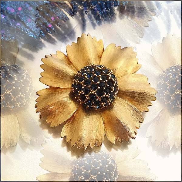 1950s Les Bernard Gold Flower Blue Rhinestone Vintage Brooch