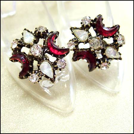 1940s Vintage Earrings Opal Moon and Red Glass Claire de Lune Style