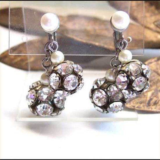 1950s Art Deco Vintage Earrings Rare Rhinestone Orbs w Pearls