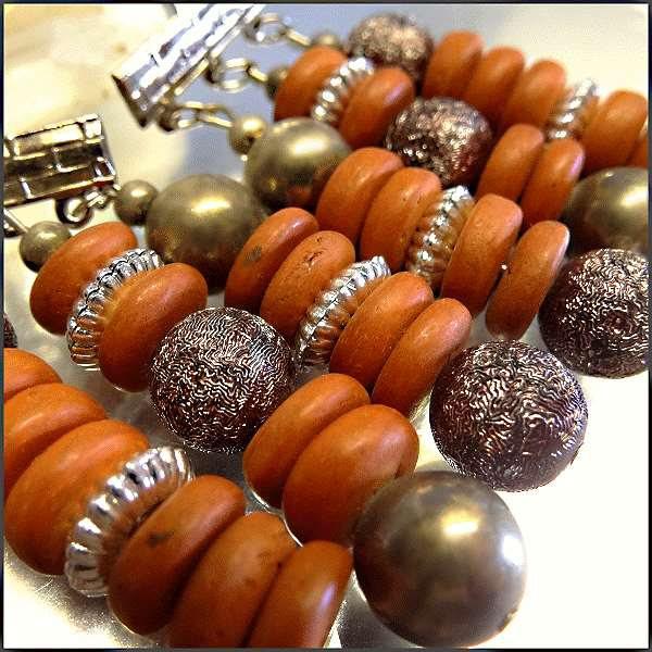 1970s Vintage Pierced Earrings Terra Cotta Wood w Brass Beads 