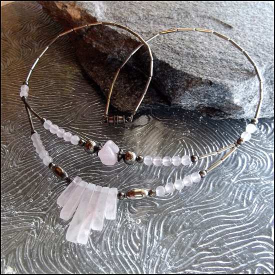 1970s Sterling Silver Pink Quartz Vintage Gemstone Necklace