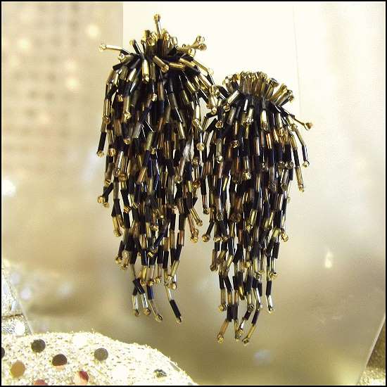 1980s Vintage Chandelier Earrings Gold n Black Glass Dangles