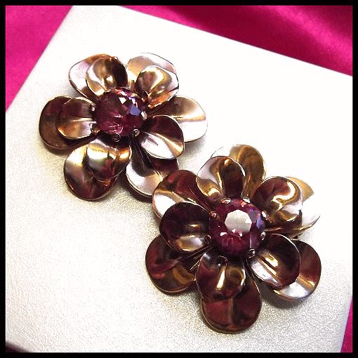 1930s Antique Dress Clips Rose Gold Flowers Pair