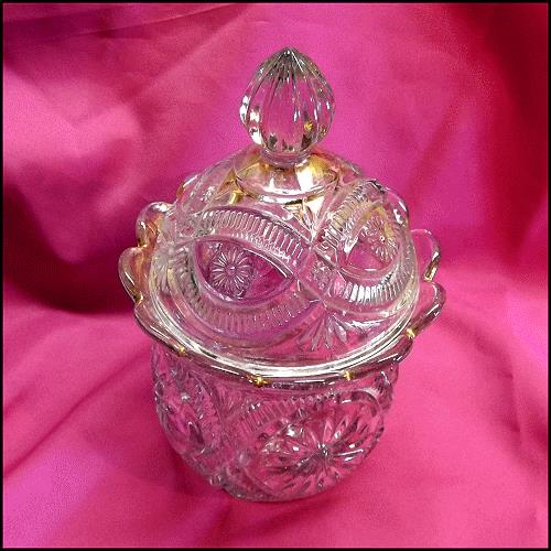 1908 Antique EAPG Glass Candy Dish Apothecary Jar Pleated Medallion