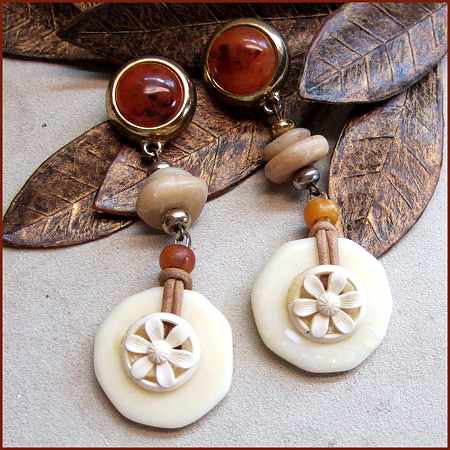 1970s Ethnic Big Marble Beads w Carnelian Vintage Pierced Earrings