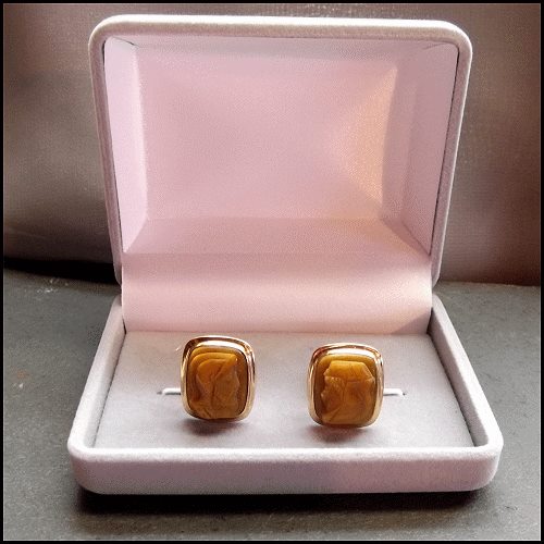 1940s Krementz 12kt GF Carved Warrior Tigers Eye Vintage Cufflinks