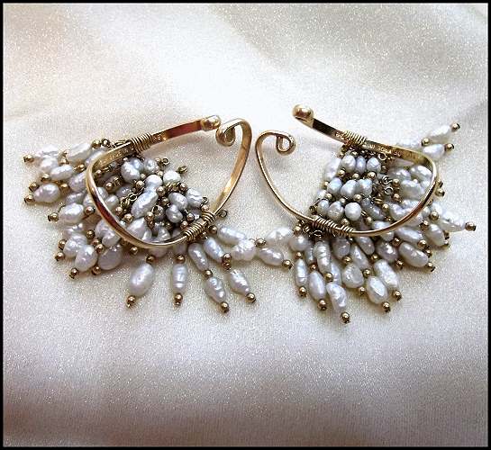 Freshwater Pearl Earrings 14kt Gold Ear Hoop Clusters Designer Jewelry