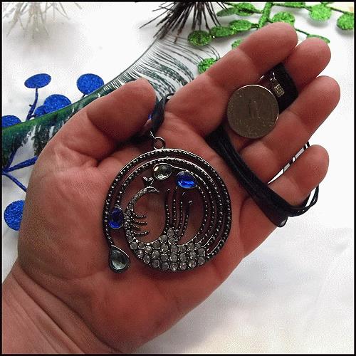 Peacock Necklace Big Medallion Pendant w Rhinestones