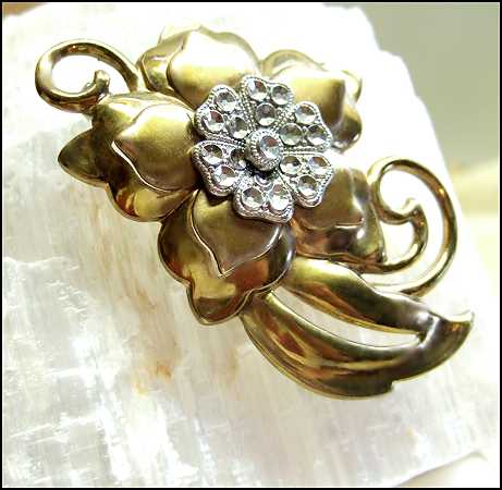1940s European Cut Steel Gold Antique Flower Brooch