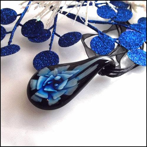 1980s Vintage Murano Glass Pendant Large Blue on Black Flower Necklace