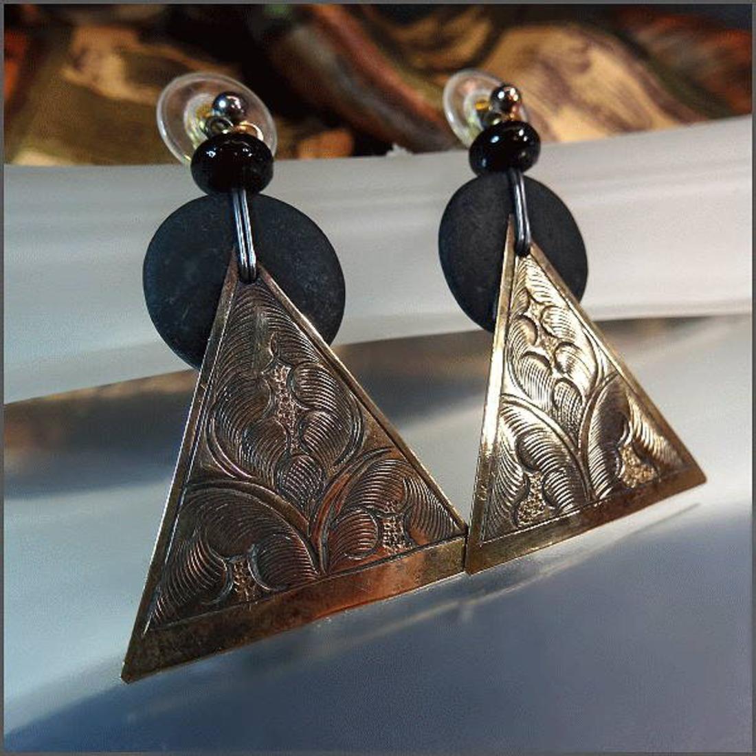 1970s Ethnic Etched Brass Vintage Pierced Earrings