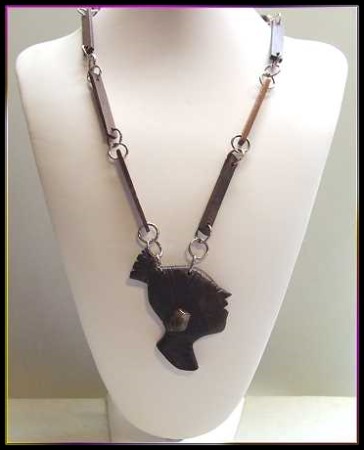 1960s Vintage Necklace Jamaican Wood Carved Lady Face Pendant 