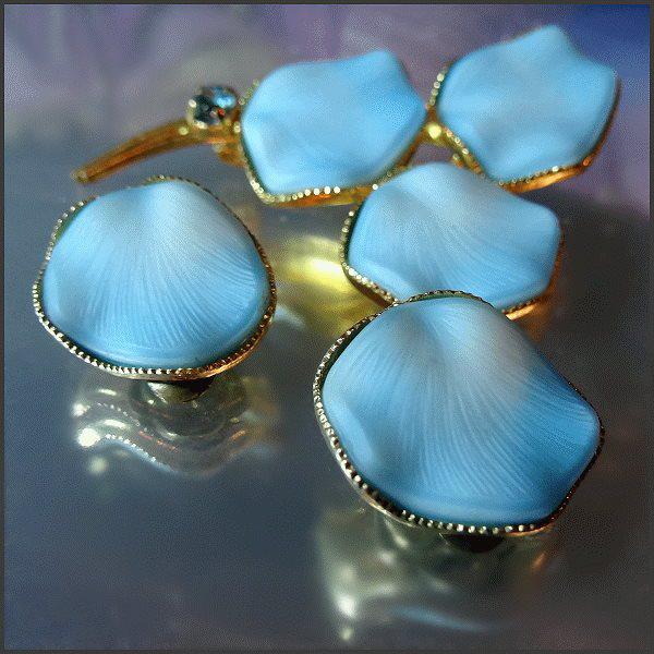 1950s Vintage Rare Blue Satin Glass Pin w Earrings Elegant West Germany Set