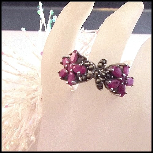 Vintage Pink Tourmaline 925 Sterling Silver Ring w Marcasite Flowers Sz 8 