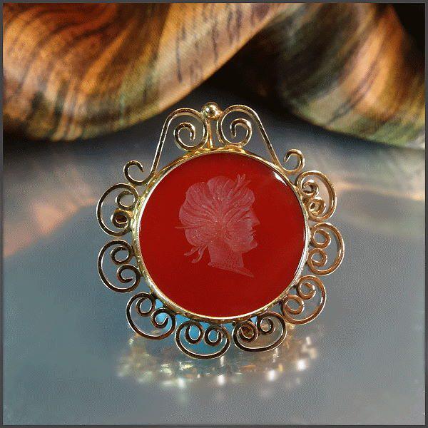 1950s Vintage 12kt GF Gold Cameo Pin Carved Carnelian 