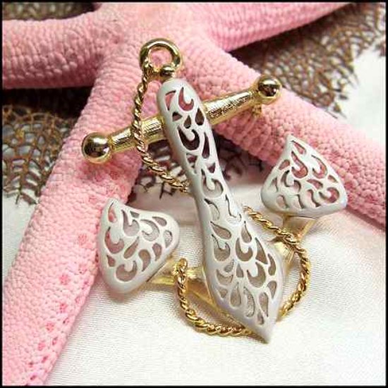 1960s Signed Jonet Big Gold n White Anchor Vintage Nautical Brooch or Pendant