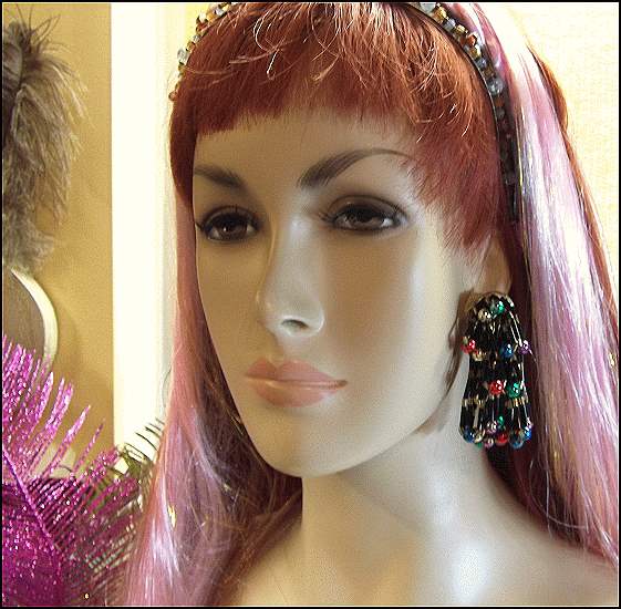 1980s Vintage Chandelier Earrings Gold Black Rainbow Holiday Dangles