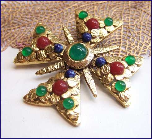 1950s Maltese Cross Vintage Brooch Lapis Carnelian Jade Glass 