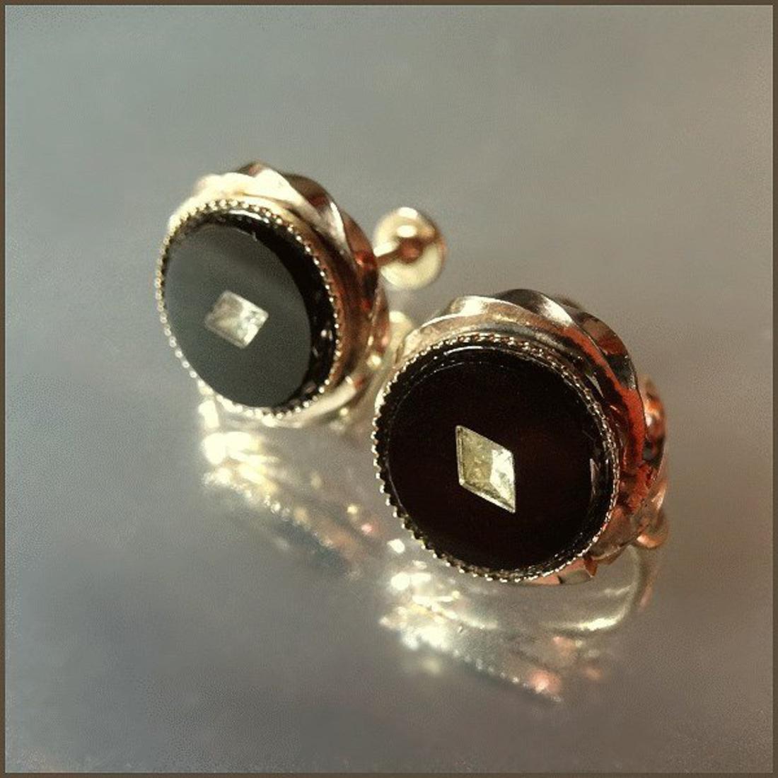 1940s Vintage 14 kt Gold GF Diamond and Black Onyx Fine Jewelry Earrings