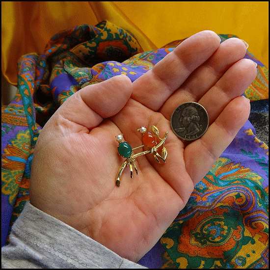 1950s Vintage 14kt Gold Bird Pin Signed IPS 14kt Ayoka Pearls w Gems