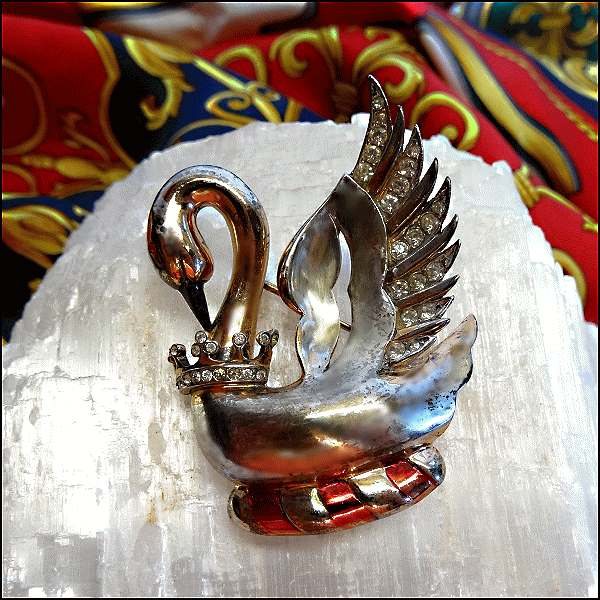 1940s Rare Sterling Gold Swan Brooch Signed REJA