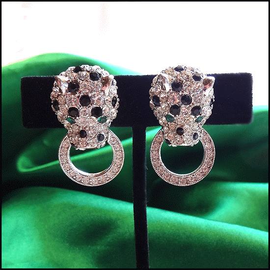 1980s Signed KJL Earrings Crystal Panthers Door Knocker Hoops