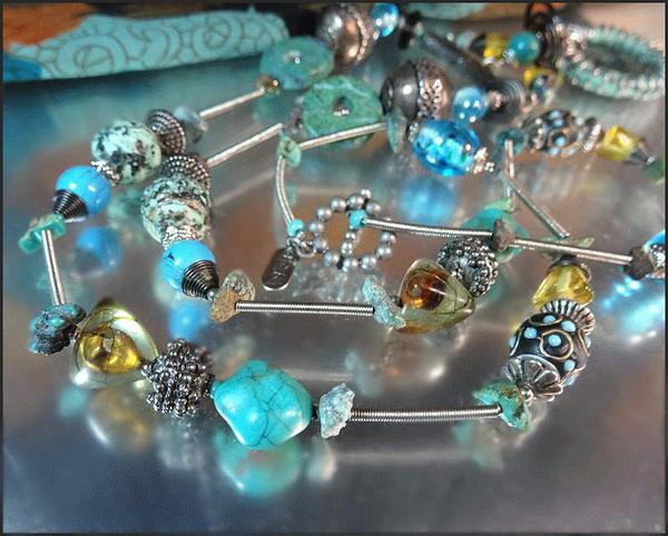 1990s Designer Signed Treska Silver Turquoise Long Vintage Necklace