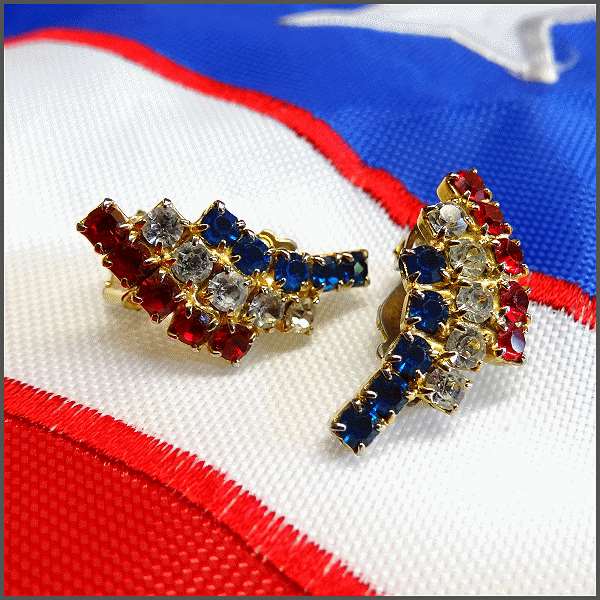 1960s Petite Rhinestone Patriotic Flag Vintage Clip Earrings