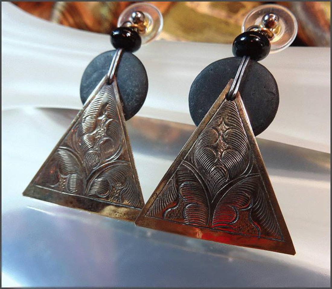 1970s Ethnic Etched Brass Vintage Pierced Earrings