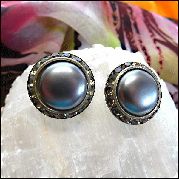1950s Coro Grey Pearl Rhinestone Button Vintage Clip Earrings