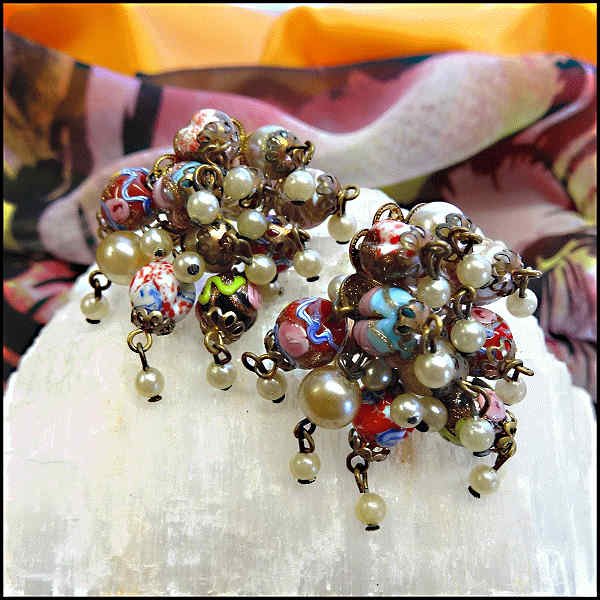 1940s Italian Vintage Earrings Murano Wedding Cake w Pearls