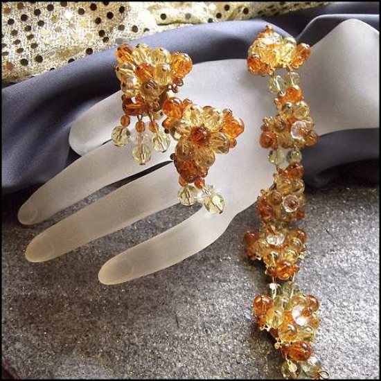 1950s Designer Citrine Crystal Bubbles Vintage Bracelet w Earrings Set