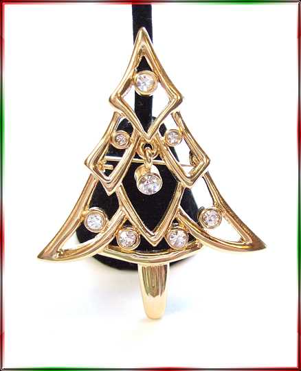 1980s Vintage Christmas Tree Pin Modern Gold w Dangling Crystals
