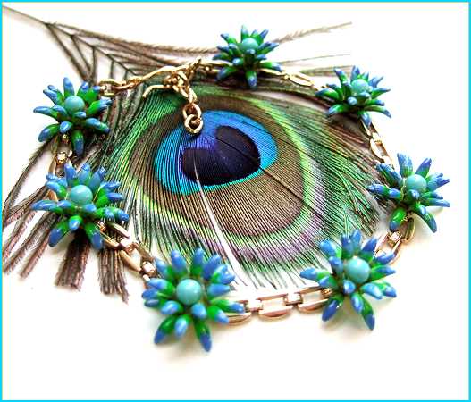 1950s West German Hand Painted Blue Green Vintage Flower Bracelet