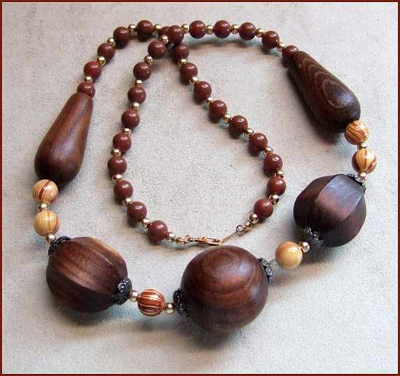 1970s Vintage Necklace Unique Handmade Cherry Wood w Sterling Beads 