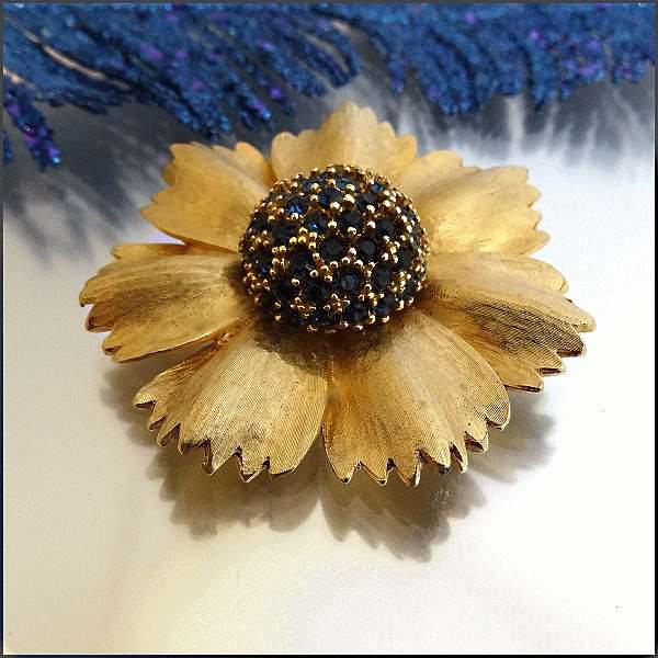 1950s Les Bernard Gold Flower Blue Rhinestone Vintage Brooch