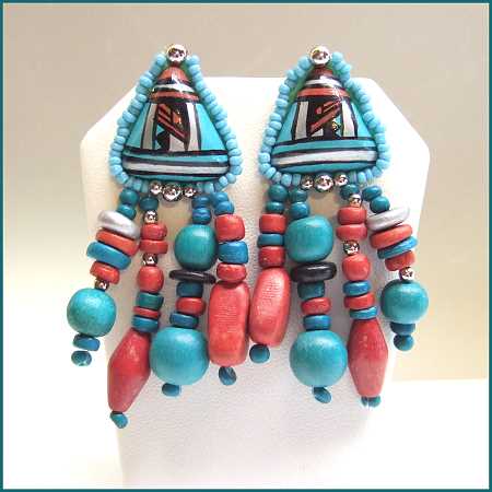 1970s Vintage Pierced Earrings American Indian Style Turquoise Wood Beads