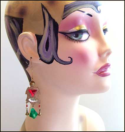 1940s Vintage Christmas Pierced Earrings Egyptian Revival Big Gold Dangles 