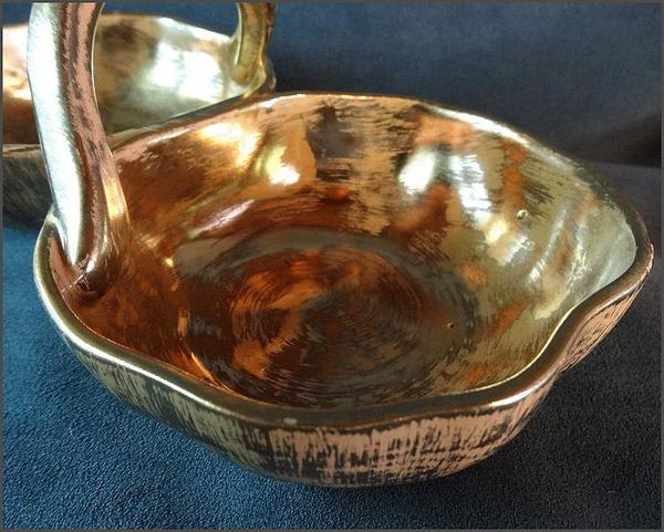 1960s Signed Stangl 22kt Vintage Gold Double Dish w Handle