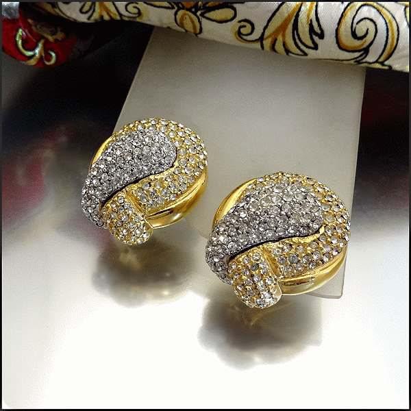 1980s Vintage Designer Swarovski Crystal Earrings Diamante Gold n Silver Ribbons