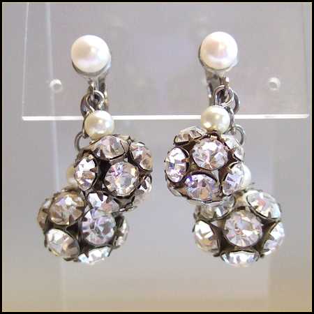 1950s Art Deco Vintage Earrings Rare Rhinestone Orbs w Pearls