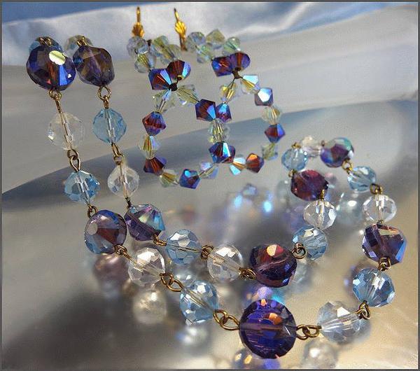 1950s Icy Blues Vintage Crystal Necklace Earrings Set