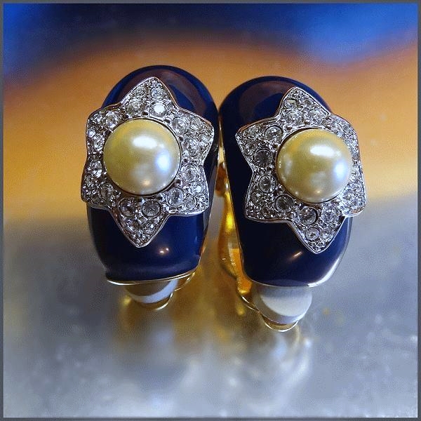 Designer Signed Elegant Navy Hoops w Crystals Cultured Pearl Vintage Clip Earrings