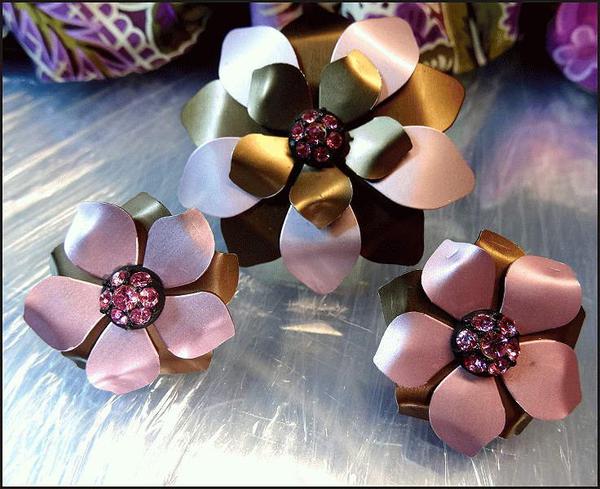 1960s German Satin Flower Pin w Earrings w Hot Pink Rhinestones