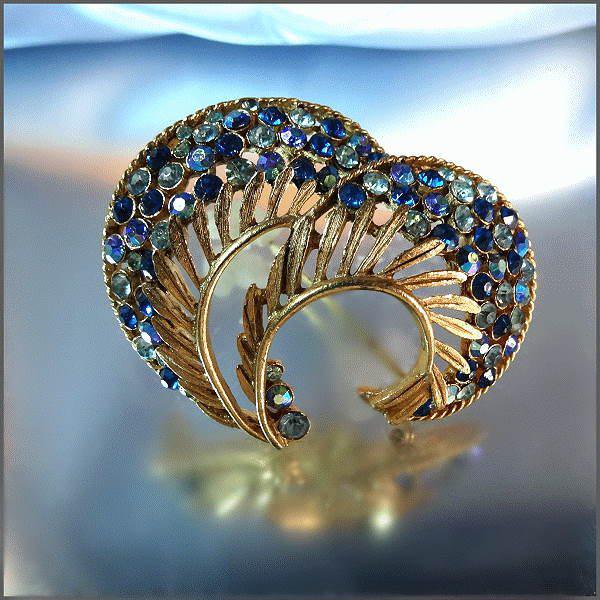 1950s Signed BSK Blue Peacock Rhinestone Vintage Feather Brooch