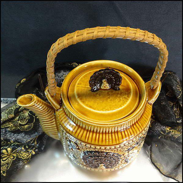 1960s Peacock Vintage Teapot Honey Glass w Rattan Handle