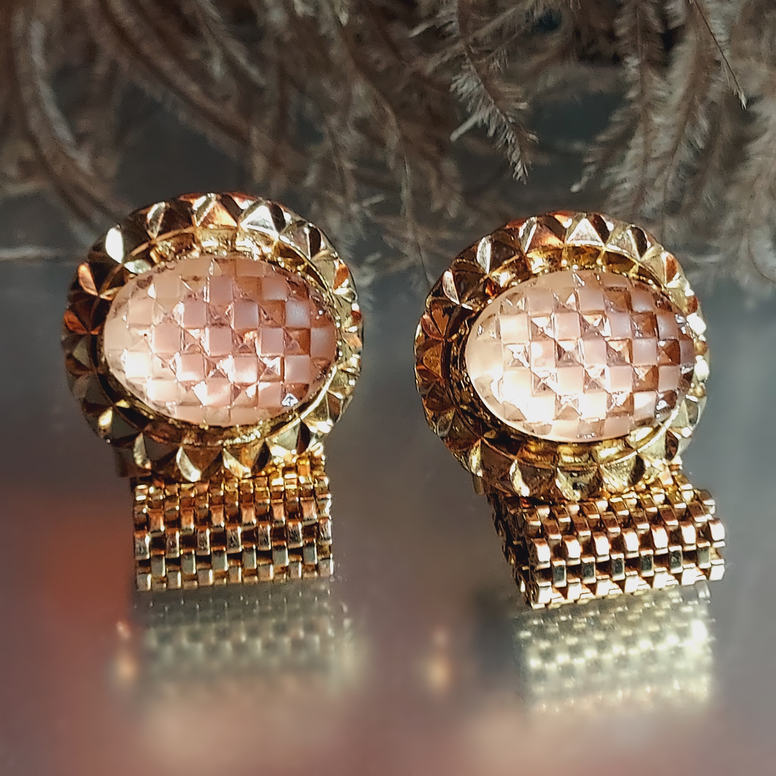 1970s Designer Dante Pink Crystal Checkerboard Faceted Vintage Cufflinks