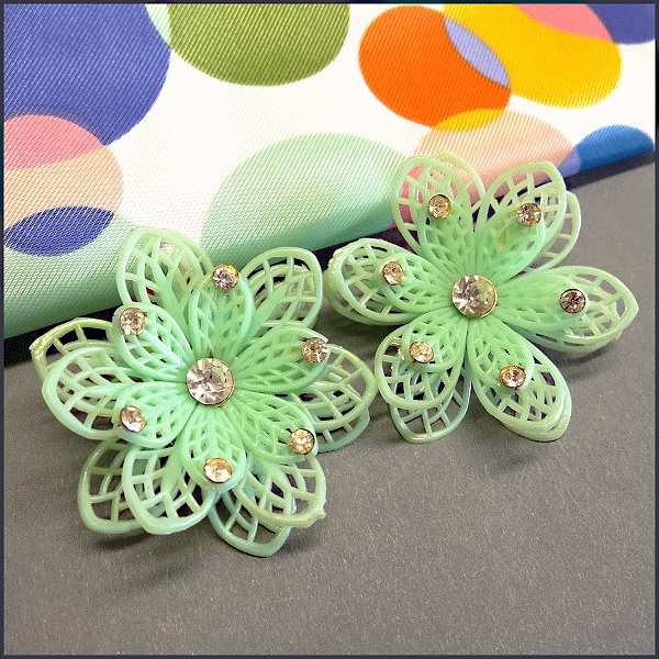 1960s Vintage Flower Earrings Cool Mint Green Lace Celluloid 