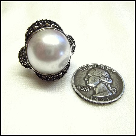 1960s Vintage Pearl Ring Sterling Silver w Marcasites Jewelry