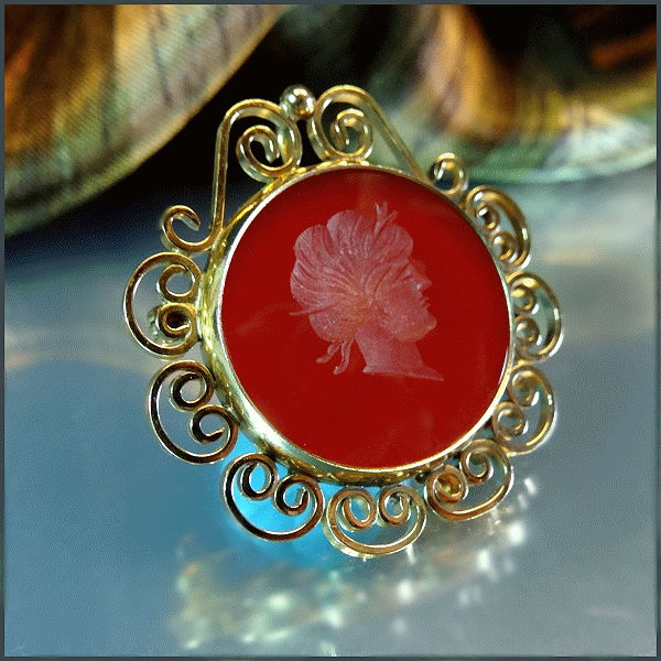 1950s Vintage 12kt GF Gold Cameo Pin Carved Carnelian
